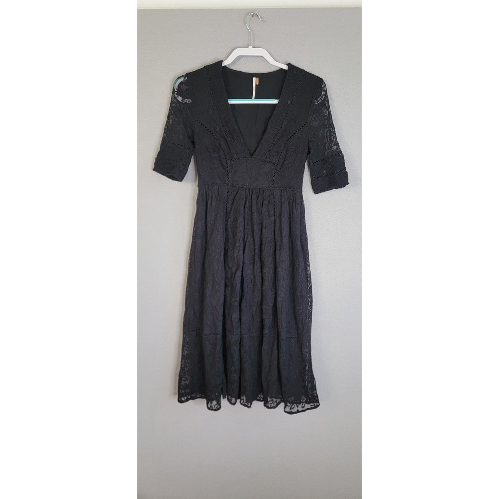 Free People Lace Midi Dress 2 Black V-Neck Mountain Laurel Whimsgoth